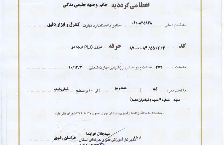 گواهینامه مهارت کنترل و ابزار دقیق